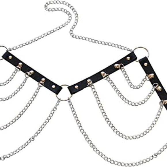 Black Layered Punk Top & Waist Chain Belt Leather Body Jewelry Bondage BDSM NWT - Picture 6 of 6
